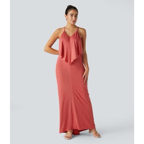 NEW Halara V Neck Tie Back Ruched Maxi Slip Dress Size XL Casual Comfort Resort - Picture 2 of 14